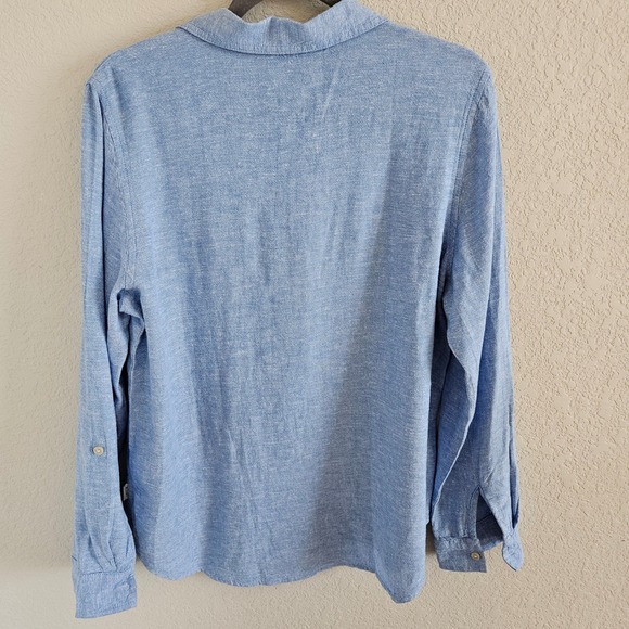 Orvis Woman Size M Linen Blend Button Up Blouse Roll Tab Sleeve Beachy Colorful - Picture 2 of 9